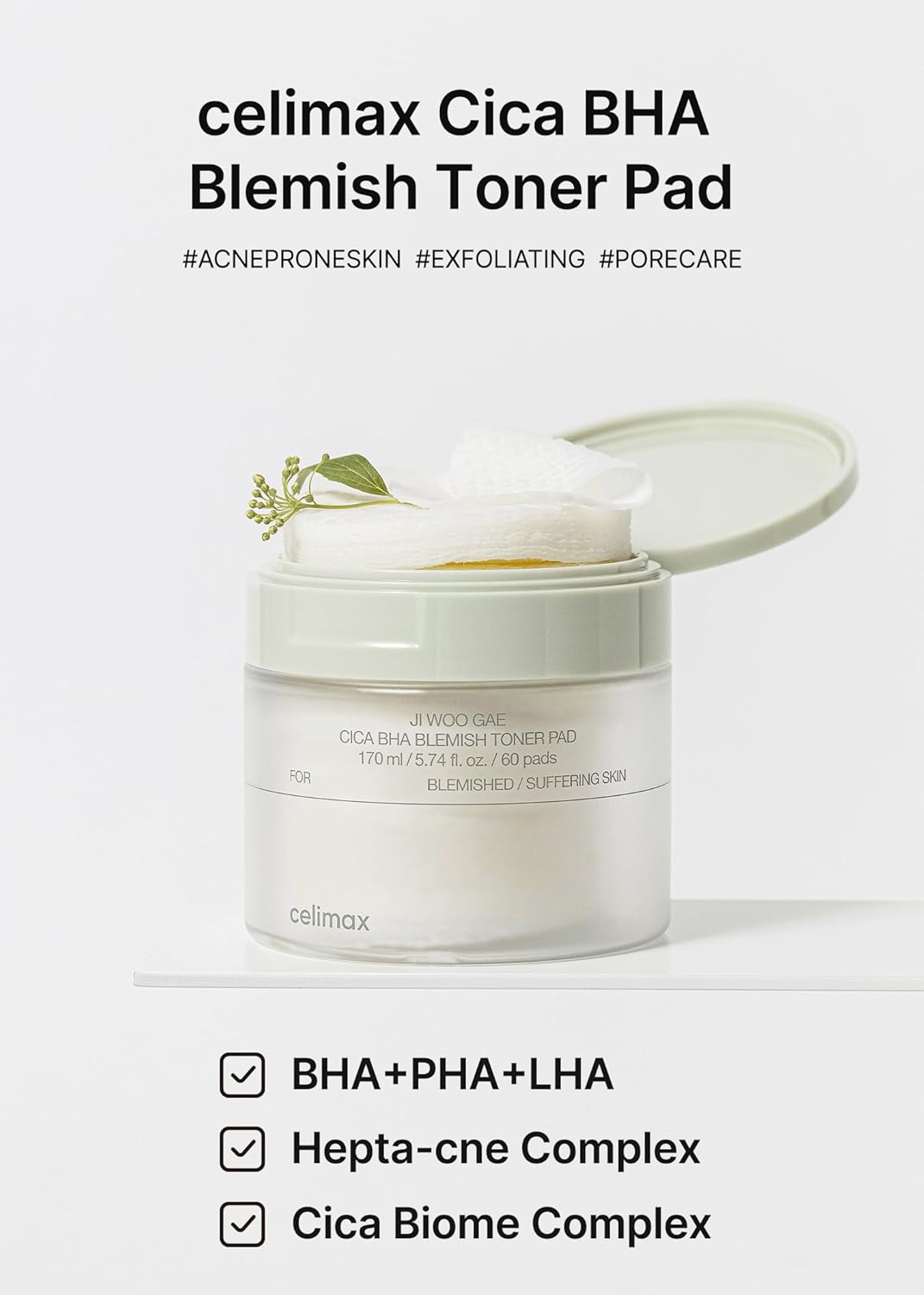 celimax Ji.Woo.Gae CICA BHA Blemish Toner Pad | BHA PHA LHA Complex, Centella Asiatica Extract, Hydrating, Moisturizing, Soothing, Reparing, (60 Pads)