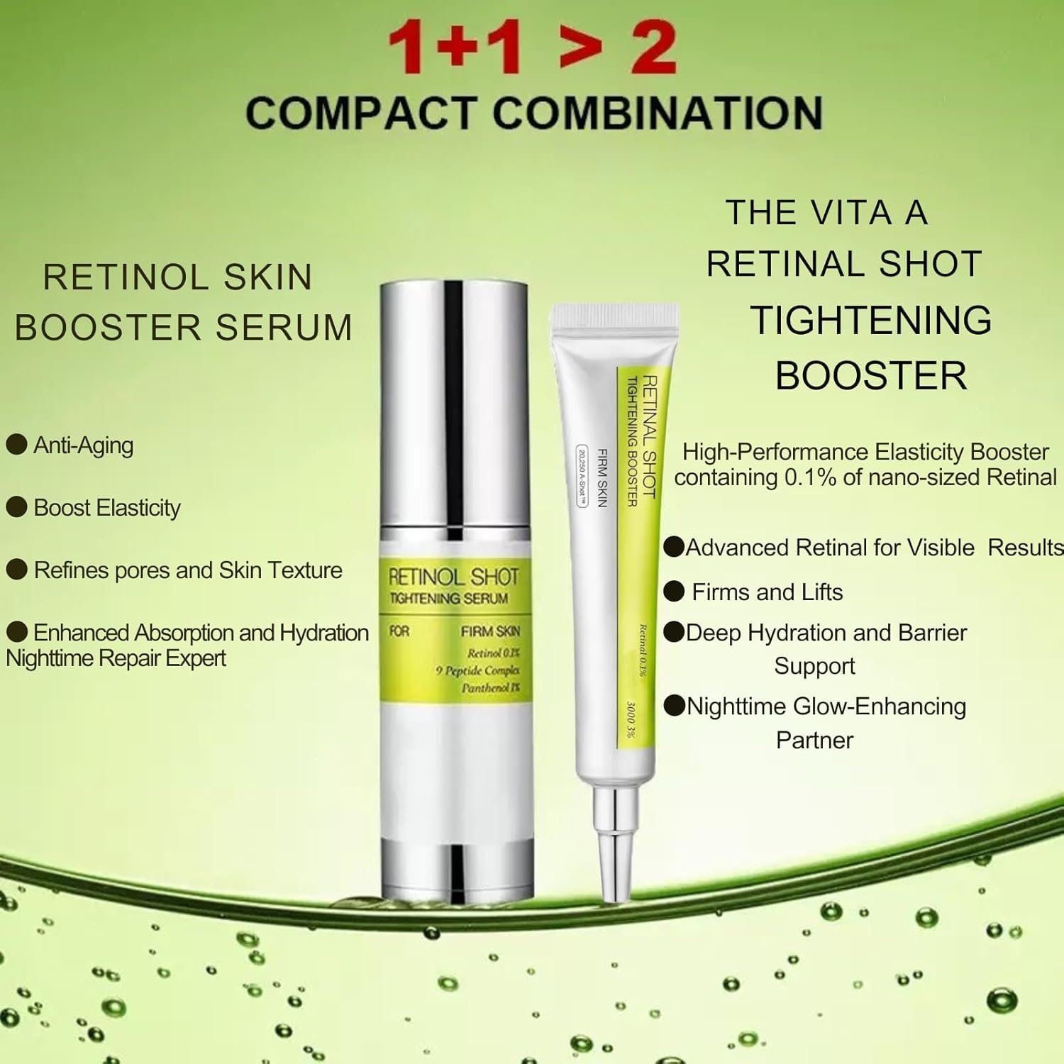 Retinol Skin Booster Serum 30ml & Retinal Shot Tightening Booster 15ml,Skincare Booster Duo with Peptides,Vita A Tightening Anti-aging Serum,Tightening