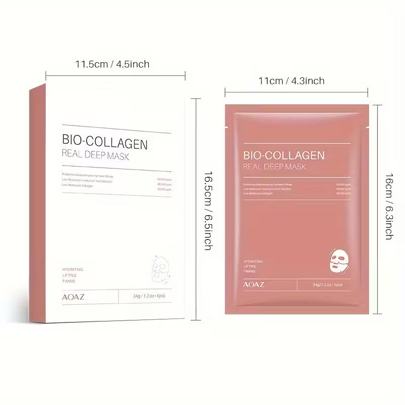 4pcs Bio-Collagen Real Deep Mask Pack Hydrating & Firming Facial Sheet Masks with Collagen, Hyaluronic Acid & Nicotinamide Moisturizing & Invigorating for All Skin Types(1pc/4pcs/8pcs)
