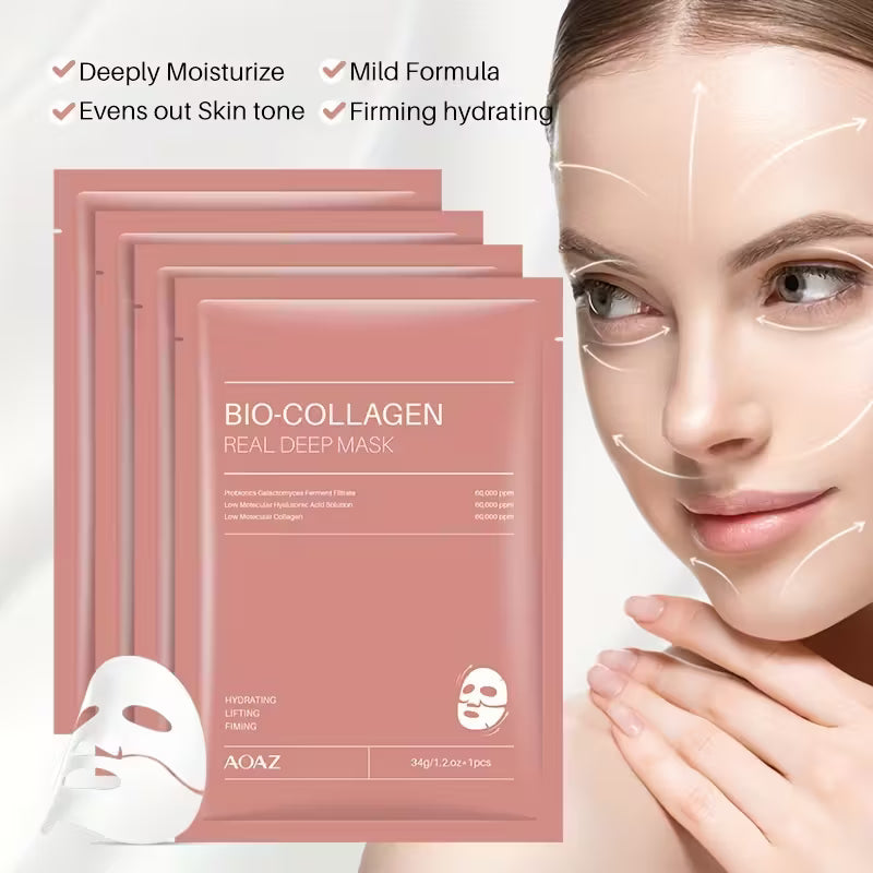 4pcs Bio-Collagen Real Deep Mask Pack Hydrating & Firming Facial Sheet Masks with Collagen, Hyaluronic Acid & Nicotinamide Moisturizing & Invigorating for All Skin Types(1pc/4pcs/8pcs)